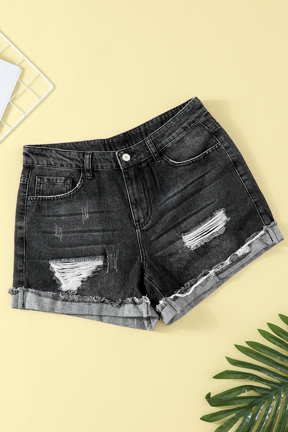 Women's Distressed Ripped Rolled Hem Blue Denim Shorts