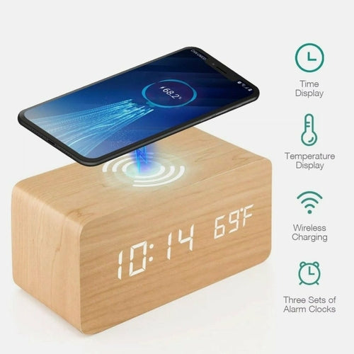 Digital Alarm Clock with Wireless Phone Charging Pad (Wood or Black)