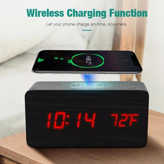 Digital Alarm Clock with Wireless Phone Charging Pad (Wood or Black)