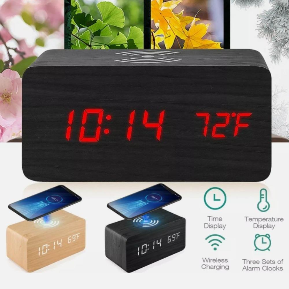 Digital Alarm Clock with Wireless Phone Charging Pad (Wood or Black)