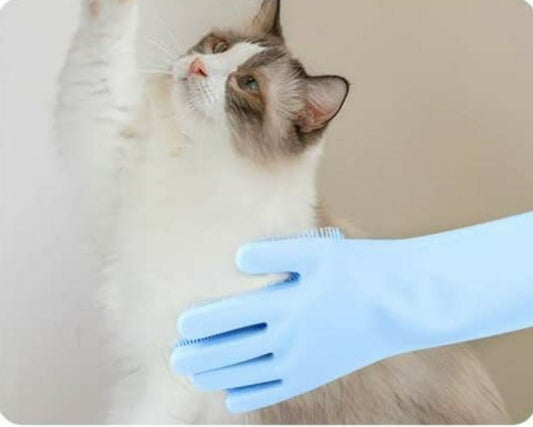 Pet Grooming Silicone Rubber Scrubber Gloves - Blue