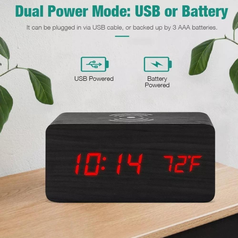 Digital Alarm Clock with Wireless Phone Charging Pad (Wood or Black)